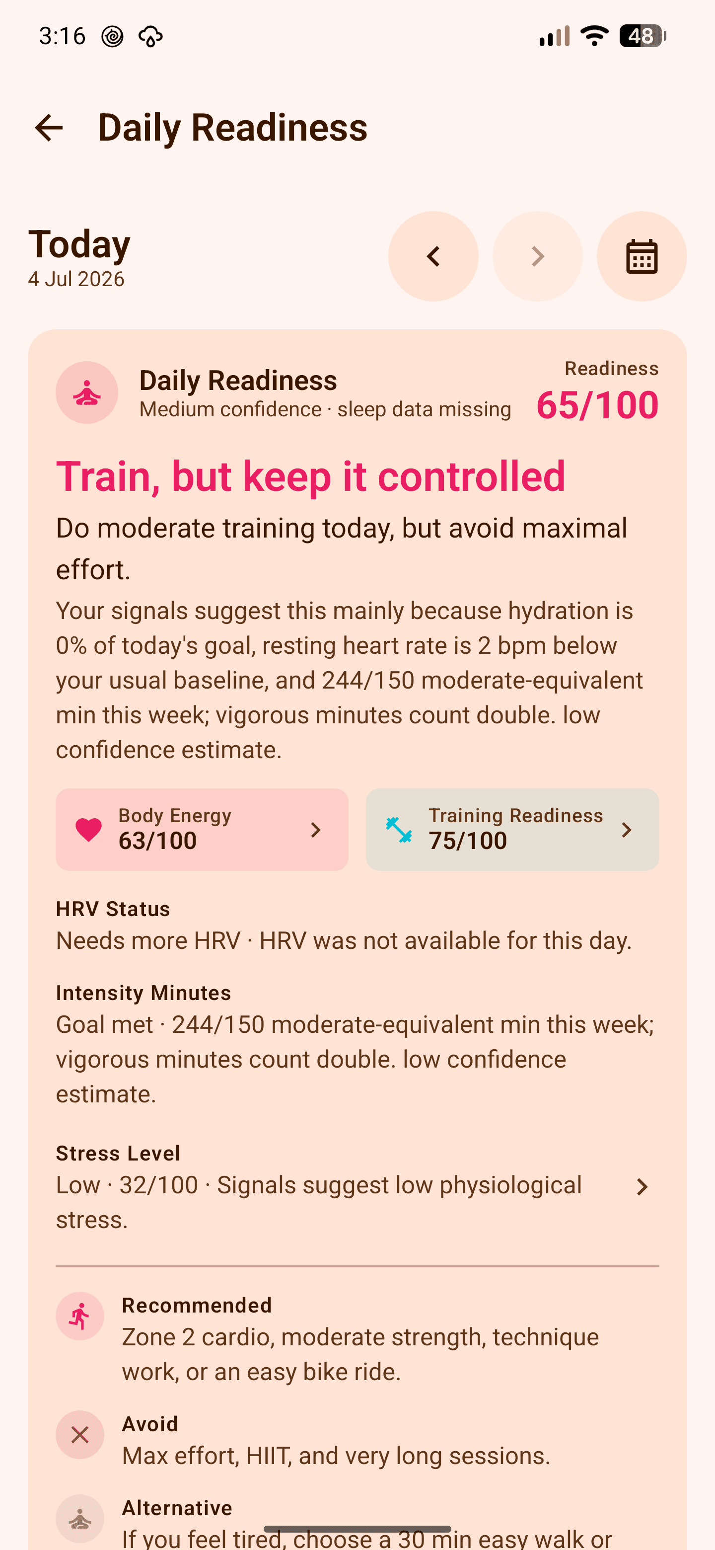 OpenVitals Daily Readiness detail screen