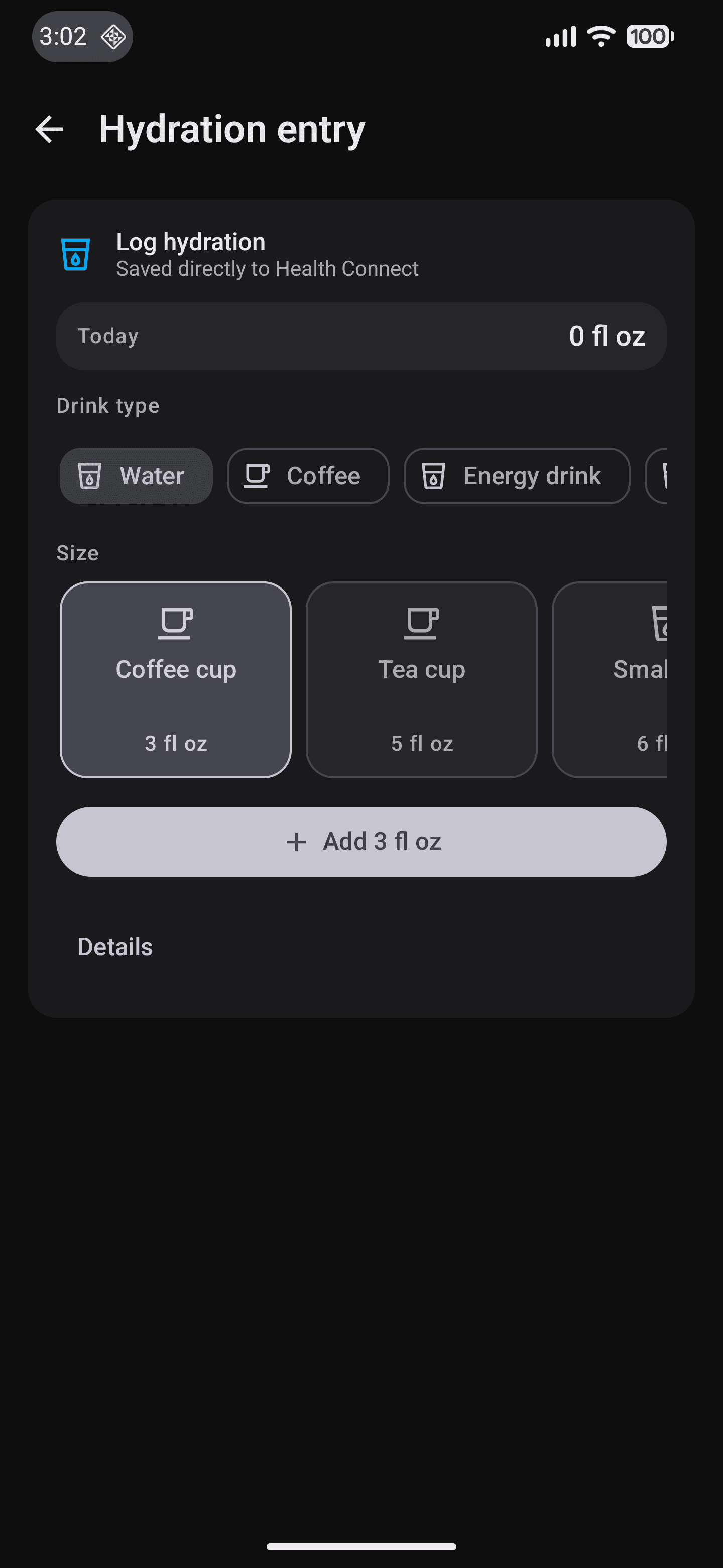 OpenVitals hydration entry screen